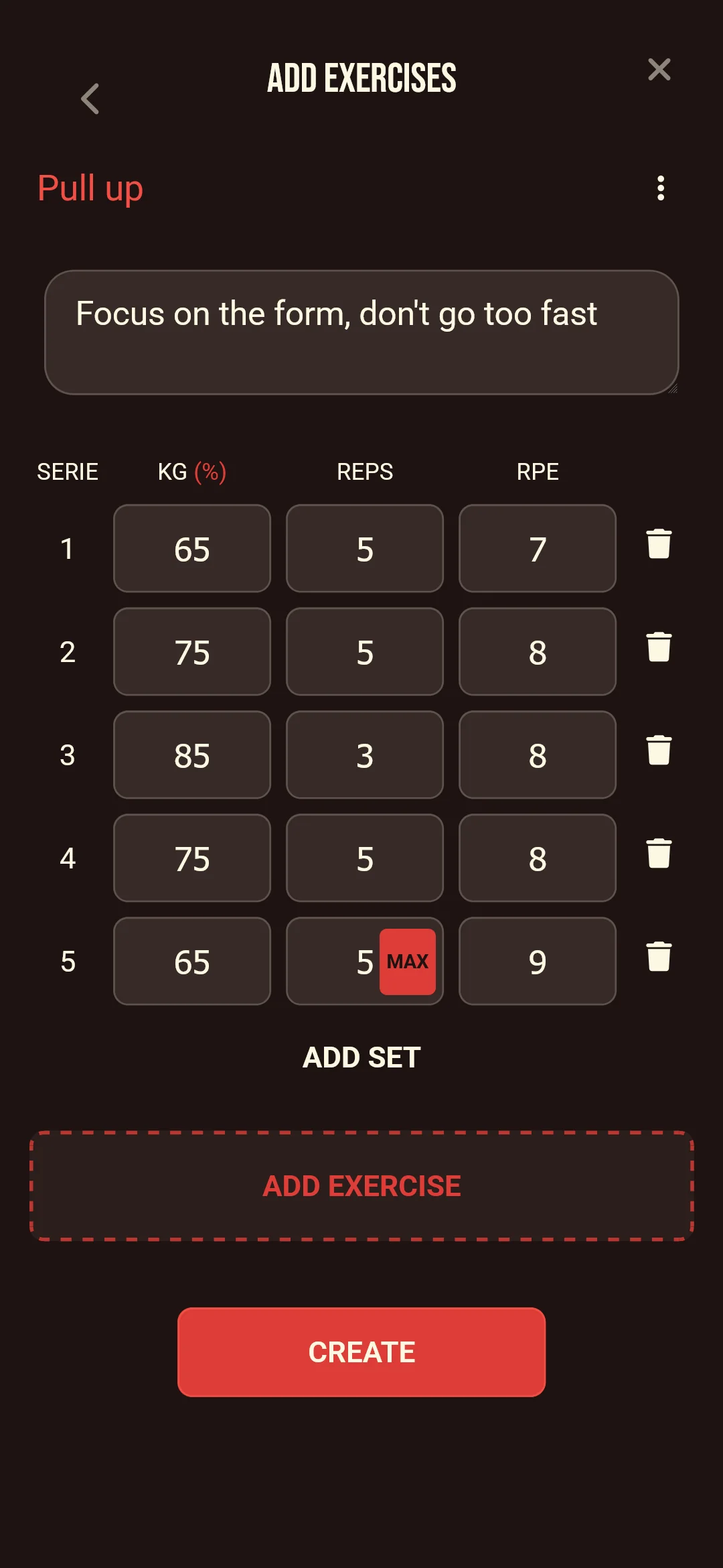 Coach program creation with exercises and loads at % of max