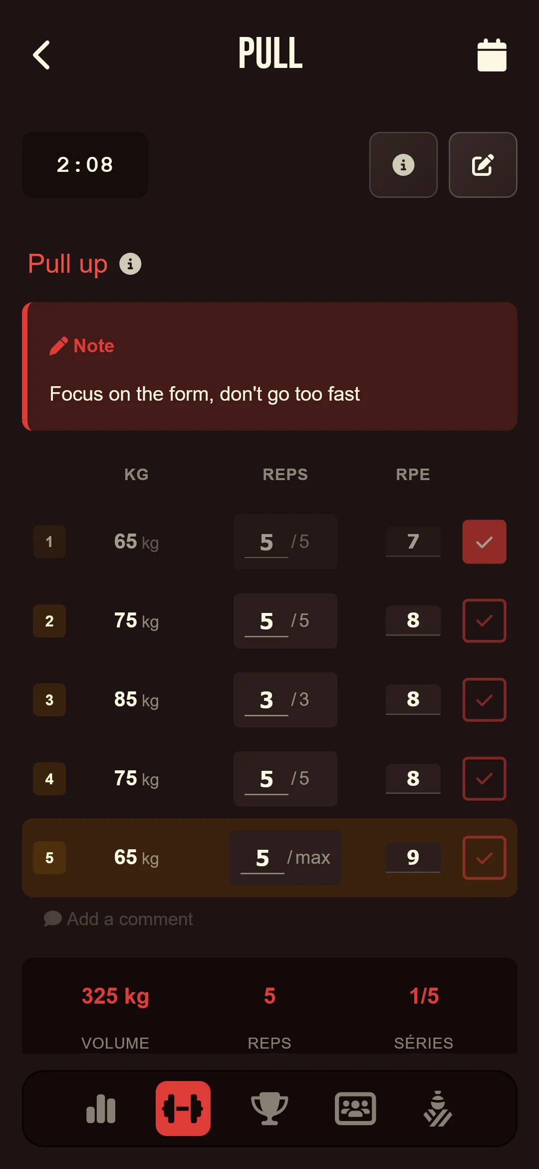 Gaman session view with weights calculated from 1RM